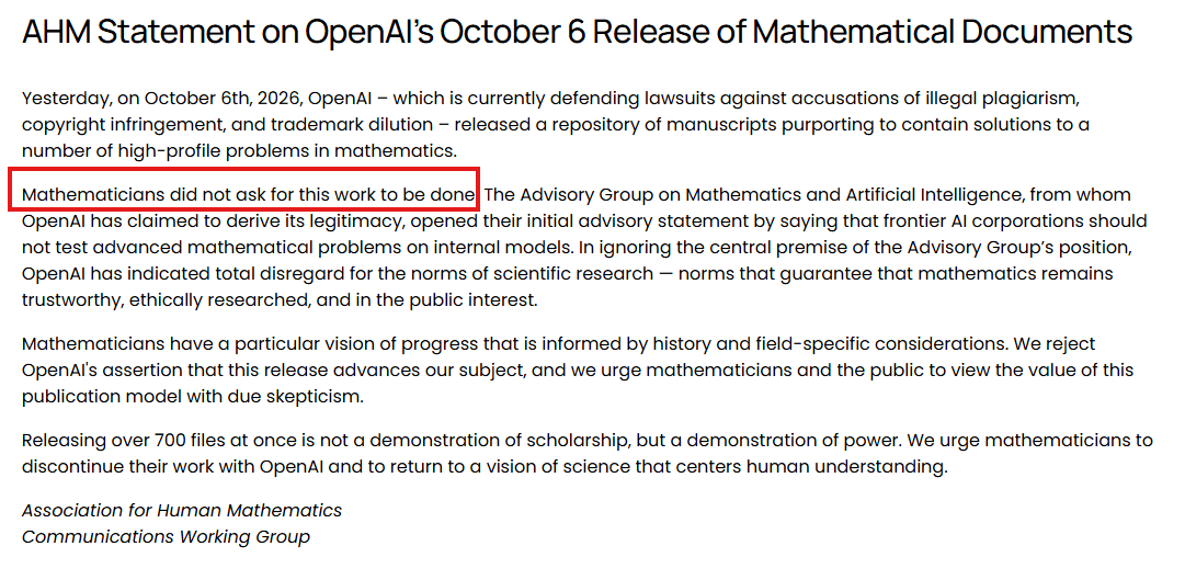 The Association for Human Mathematics statement on OpenAI's release